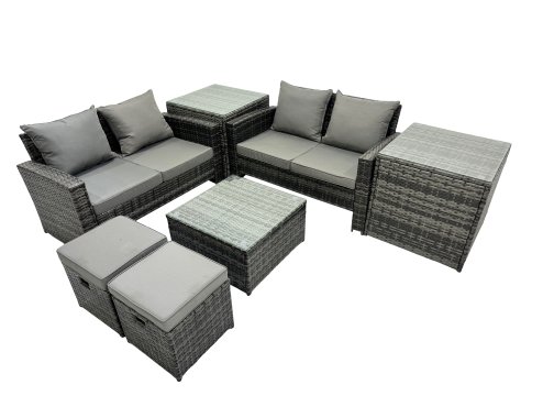 Fimous PE Rattan Garden Furniture Set Lounge Double Seat Sofa Coffee Table Set with 2 Side Tables 2 Small Stools Dark Grey Mixed