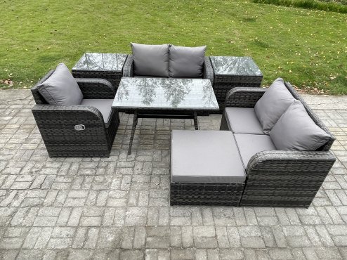 Fimous 7 Pieces Outdoor Garden Dining Sets Rattan Furniture With Dining Table Armchairs Love Sofa 2 Side Tables Big Footstool Dark Grey Mixed