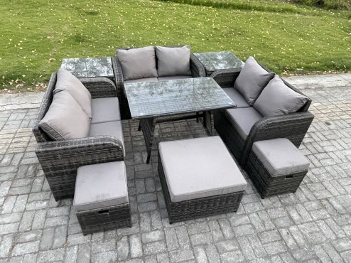 Fimous Outdoor Rattan Garden Furniture Set Patio Love Sofa Set with Rectangular Dining Table 3 Footstools 2 Side Tables Dark Grey Mixed