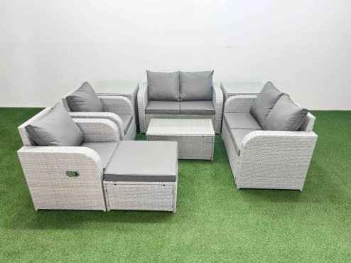 Fimous 7 Seater Outdoor Reclining Chair Love Sofa Set Rattan Garden Furniture Set with Rectangular Coffee Table Footstool 2 Side Tables Light Grey