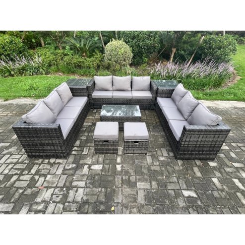Fimous 11Seater Outdoor Lounge Sofa Set Wicker PE Rattan Garden Furniture Set with Oblong Coffee Table 2 Side Tables 2 Small Footstools Dark Grey Mixed