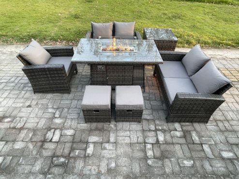 Fimous Rattan Outdoor Garden Furniture Gas Fire Pit Table Sets Gas Heater with Love Sofa Armchair Side Table 2 Small Footstools 7 Seater Dark Mixed Grey