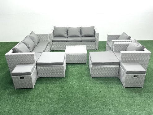 Fimous Garden Outdoor Furniture Set 12 Seater Rattan Sofa Set with 4 Footstools Light Grey Mixed