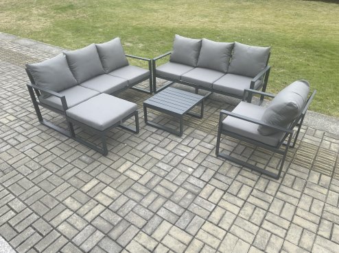 Fimous Aluminium 8 Seater Outdoor Garden Furniture Lounge Sofa Set with Square Coffee Table Chair Big Footstool Dark Grey