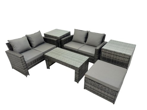 Fimous Outdoor Love Sofa Set 5 Seat Rattan Garden Furniture Set with Oblong Coffee Table Big Footstool 2 Side Table Dark Grey Mixed