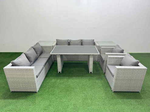 Fimous 8 Seater Wicker PE Rattan Furniture Outdoor Dining Table 3 Seater Sofa Armchair Set with 2 Side Tables Light Grey