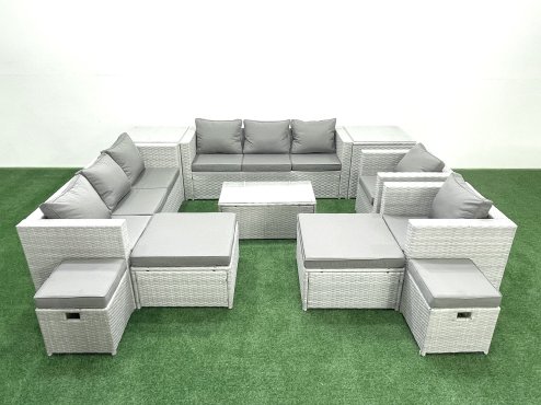 Fimous 11 Pieces Rattan Garden Furniture Set Outdoor Garden Sofa Chair Coffee Table Set with 4 Footstools 2 Side Tables Light Grey Mixed