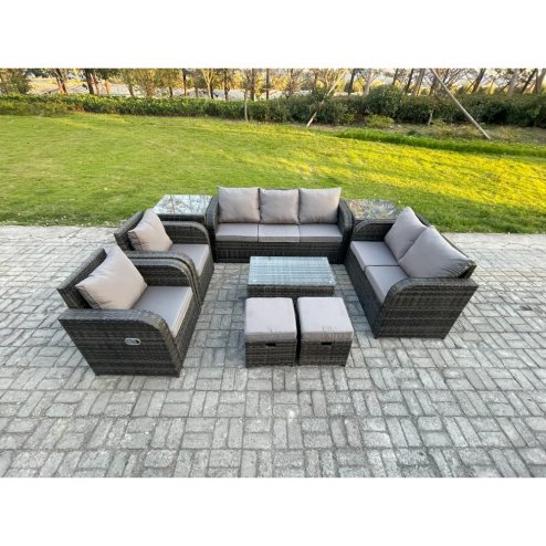 Fimous Patio Garden Furniture Sets Wicker 9 Seater Outdoor Rattan Furniture Sofa Sets with Rectangular Coffee Table Reclining Chair Loveseat Sofa 2 Side Tables 2 Small Footstools