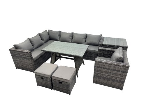 Fimous 9-seater Outdoor PE Rattan Sofa Set with Dining Table Patio Garden Furniture Sets with Chair 2 Small Stools Dark Grey Mixed
