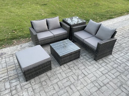 Fimous Rattan Garden Furniture Set 5 piece Patio Rattan Furniture Sofa Weaving Wicker includes 2 Double Seat Sofa, Coffee Table, Big Footstool and Side Table