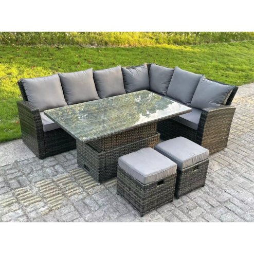 Fimous High Back Rattan Garden Furniture Corner Sofa Sets Adjustable Rising Table Dark Mixed Grey 8 seater right corner