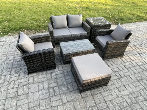 Fimous Outdoor Lounge Sofa Set Wicker PE Rattan Garden Furniture Set with Rectangular Coffee Table Double Seat Sofa Big Footstool Side Table Dark Grey Mixed