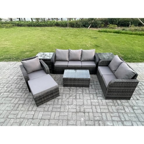 Fimous Patio Garden Furniture Sets Wicker 7 Seater Outdoor Rattan Furniture Sofa Sets with Rectangular Coffee Table Reclining Chair 3 Seater Sofa 2 Side Tables Big Footstool