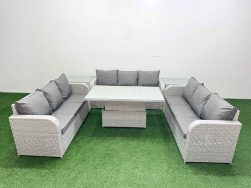 Fimous PE Rattan Lounge Sofa Set 9 Seater Outdoor Garden Furniture Set with Adjustable Lifting Dining or Coffee Table 3 Seater Sofa 2 Side Table Light Grey