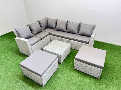 Fimous Outdoor Rattan Garden Furniture Set 8 Seater Corner Sofa Sets with Square Coffee Table 2 Big Footstools Light Grey Mixed