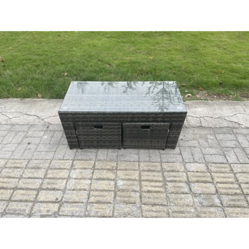 Fimous 7 Seater Rattan Lounge Sofa Set Outdoor Garden Furniture Set with Rectangular Coffee Table Love Sofa 3 Footstools Dark Grey Mixed