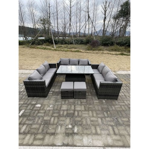 Fimous U Shape?Outdoor Rattan Garden Furniture Sofa Set Lounge Adjustable Rising Lifting Tables Footstool Dark Grey Mixed