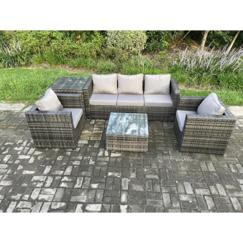 Fimous Outdoor Lounge Sofa Set Wicker PE Rattan Garden Furniture Set with 2 Armchairs Side Table Square Coffee Table Dark Grey Mixed