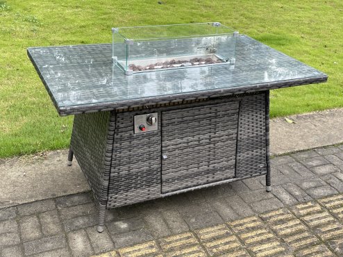 Fimous Outdoor Rattan Garden Furniture Set Gas Fire Pit Rectangular Table Sets Gas Heater with 4 Seater Dining Cahirs Dark Grey Mixed