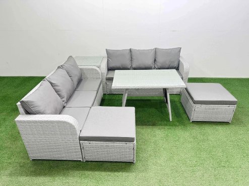 Fimous Patio Dining Table & Chairs Set Rattan High Back Lounge Sofa Set with 3 Seater Sofa Side Table 2 Big Stool Light Grey