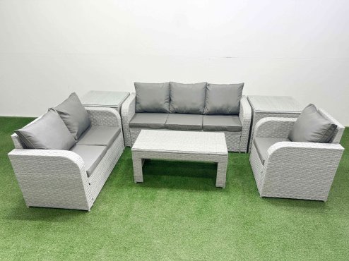 Fimous Patio PE Wicker 6 Seater Outdoor Rattan Furniture Sofa Sets with Oblong Coffee Table Reclining Chair Loveseat Sofa 3 Seater Sofa 2 Side Table Light Grey Image
