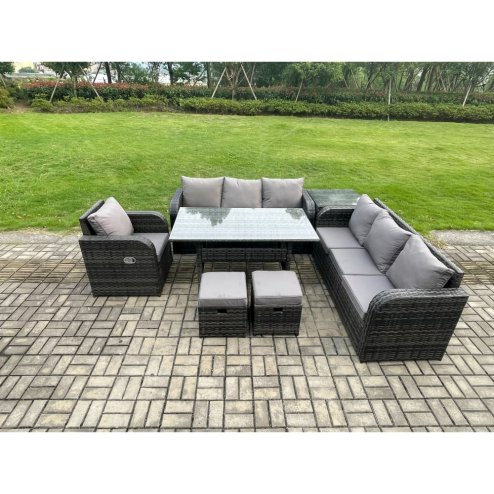 Fimous 9 Seater Rattan Garden Furniture Set Oblong Rectangular Dining Table and Chairs Set with 3 Seater Sofa Side Table 2 Small Footstools Dark Grey Mixed