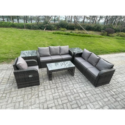 Fimous Wicker PE Rattan Sofa Set 7 Seater Outdoor Patio Garden Furniture Set with 2 Side Tables Reclining Chairs Coffee Table Dark Grey Mixed