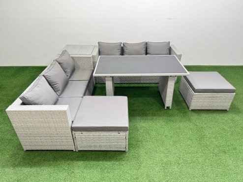 Fimous Rattan Garden Furniture Dining Set 8-seater Patio Rectangular Table Sofa Set with Side Table 2 Big Stools Light Grey