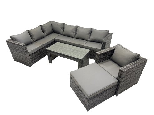 Fimous 5 Pieces Outdoor PE Rattan Garden Furniture Corner Sofa Oblong Coffee Table Set with Cushions Big Footstool Dark Grey Mixed