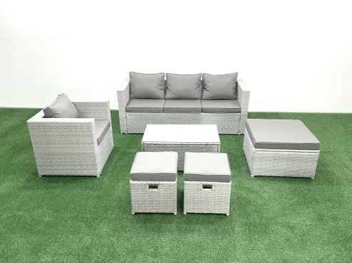 Fimous Rattan Garden Furniture Set with 3 Seater Sofa Chair Rectangular Coffee Table 3 Footstools Light Grey Mixed 6 Seater