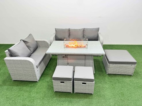 Fimous 8 Seater PE Rattan Wicker Garden Furniture Patio Conservatory Sofa Set with Firepit Dining Table 3 Seater Sofa Love Sofa 3 Stool