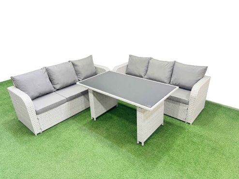 Fimous 6 Seater Rattan Outdoor Dining Table 3 Seater Sofa Set Light Grey