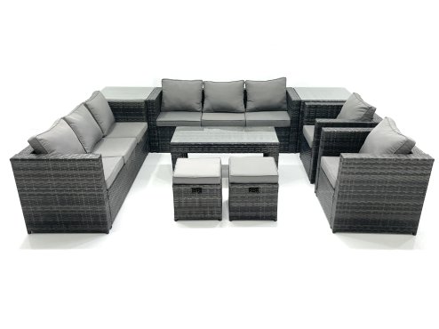 Fimous Rattan Garden Furniture Sofa Set with Coffee table Armchair 2 Side Tables 2 Small Footstools Dark Grey Mixed