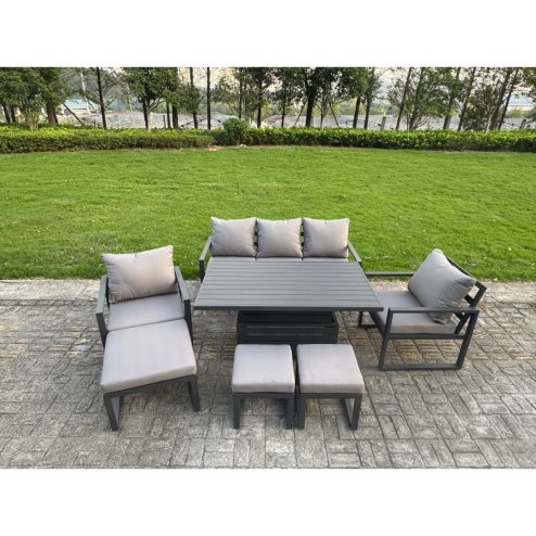 Fimous 8-Piece Aluminium Garden Furniture Sets 7 Seater Outdoor Sofa Set with Adjustable Rising Lifting Dining Table 2 Chairs 2 Big Footstools 2 Side Tables