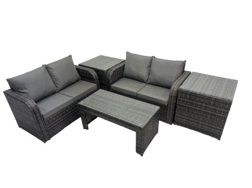 Fimous 3 Seater Sofa Reclining Chair Coffee Table Set Rattan Garden Outdoor Furniture Set with 2 Side Tables Dark Grey Mixed