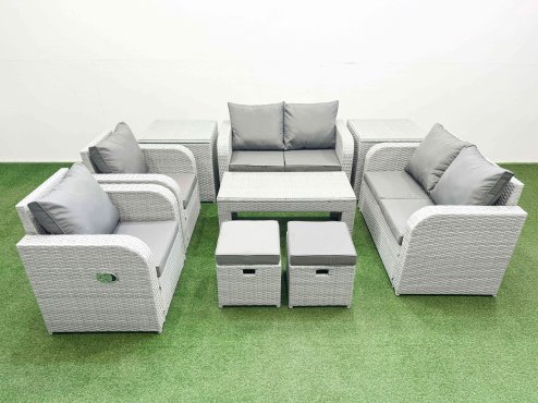 Fimous 8 Seater Outdoor Reclining Chair Love Sofa Set Rattan Garden Furniture Set with Oblong Coffee Table 2 Stools 2 Side Table Light Grey Image
