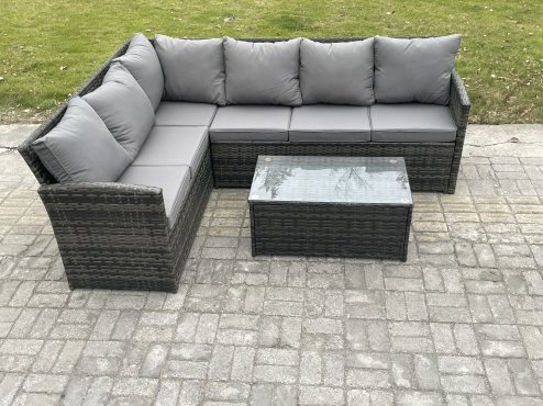 Fimous Rattan Lounge Corner Sofa Set Wicker PE Outdoor Garden Furniture Set with Rectangular Coffee Table Dark Grey Mixed