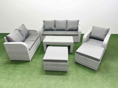 Fimous Patio PE Wicker 8 Seater Outdoor Rattan Furniture Sofa Sets with Oblong Coffee Table Reclining Chair Loveseat Sofa 3 Seater Sofa 2 Big Footstools Light Grey Image