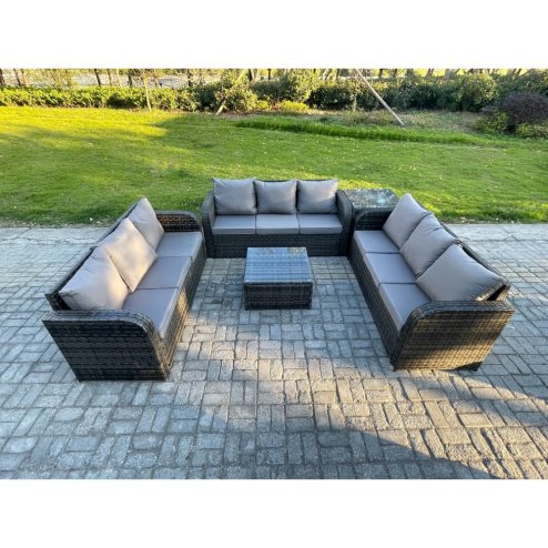 Fimous Patio Garden Furniture Sets Wicker 9 Seater Outdoor Rattan Furniture Sofa Sets with Square Coffee Table Side Table