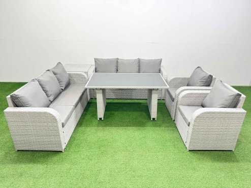 Fimous 8 Seater Wicker PE Rattan Furniture Outdoor Dining Table 3 Seater Sofa Reclining Chair Set with Side Table Light Grey