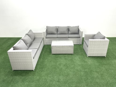 Fimous Wicker PE Rattan Sofa Garden Furniture Set with Armchair Oblong Coffee Table Light Grey Mixed