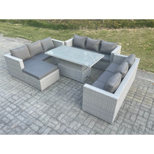 Fimous Light Grey U Shape Lounge Rattan Garden Furniture Set Adjustable Rising Lifting Table Dining Set Footstool