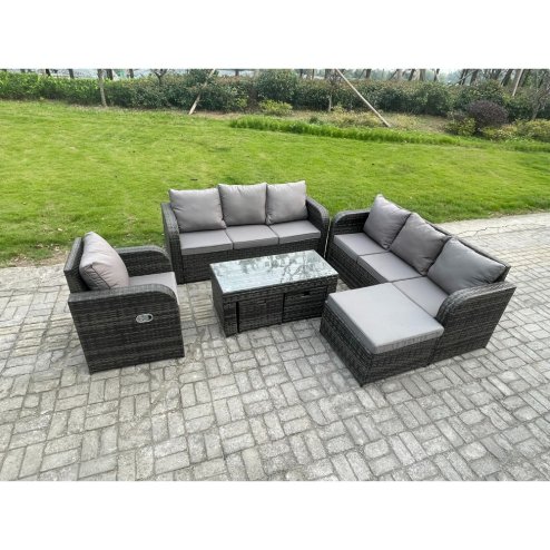 Fimous 10 Seater Outdoor Lounge Sofa Set Rattan Garden Furniture Set with Rectangular Coffee Table 3 Footstools 3 Seater Sofa Dark Grey Mixed