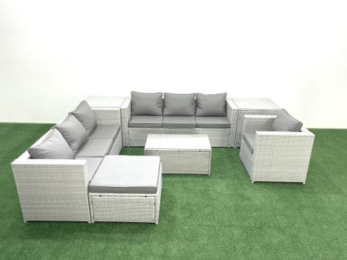 Fimous Wicker PE Rattan Sofa Garden Furniture Set with Armchair Oblong Coffee Table Big Footstool 2 Side Tables Light Grey Mixed