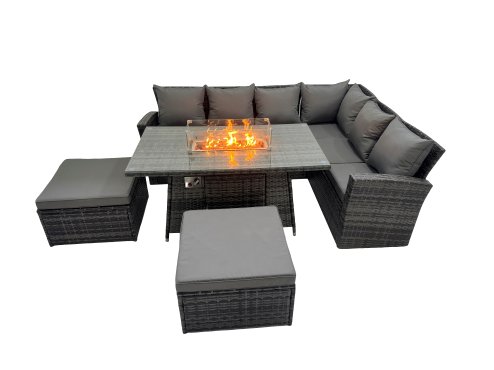 Fimous Outdoor Furniture Garden Dining Set Rattan Corner Sofa Set Gas Fire Pit Table with Temper Glass 2 Big Footstools Dark Grey Mixed