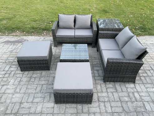 Fimous 6 Seater Rattan Outdoor Garden Furniture Sofa Set with 2 Big Footstool Side Table Dark Grey Mixed