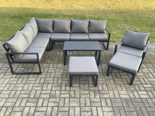 Fimous Aluminum 9 Seater Outdoor Lounge Corner Sofa Set Garden Furniture Sets with Oblong Coffee Table Chair 2 Big Footstool Dark Grey