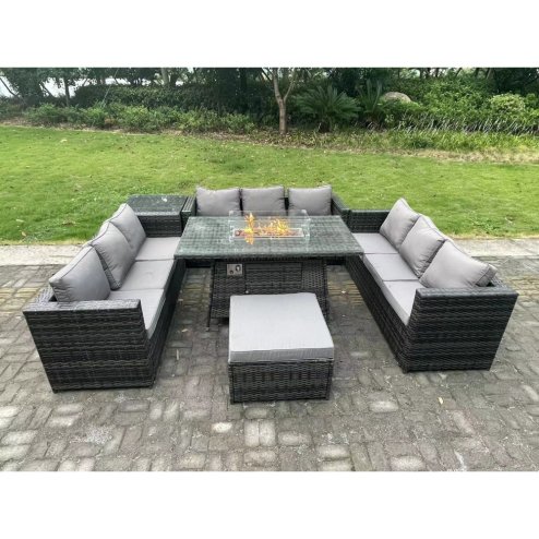 Fimous 10 Seater Rattan Garden Furniture Sofa Set Outdoor Patio Gas Fire Pit Dining Table Gas Heater Burner With Side Table Big Footstool Dark Grey Mixed