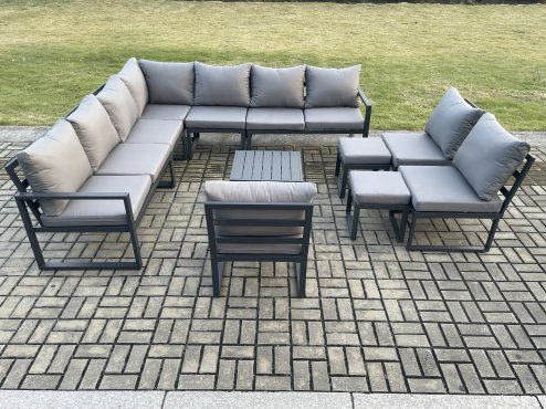 Fimous 12 Seater Outdoor Aluminium Garden Furniture Set Corner Lounge Sofa Set with Square Coffee Table 2 Small Footstools Dark Grey