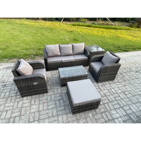Fimous Outdoor Rattan Garden Furniture Set 6 Seater Patio Lounge Sofa Set with Reclining Chair Rectangular Coffee Table Big Footstool Side Table Dark Grey Mixed